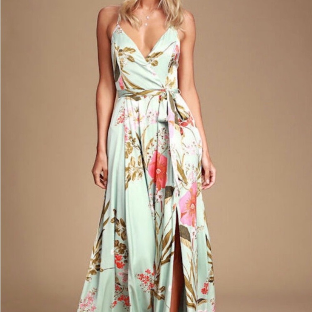 Lulu's Sage Floral Wrap Maxi Dress with Pink Accents